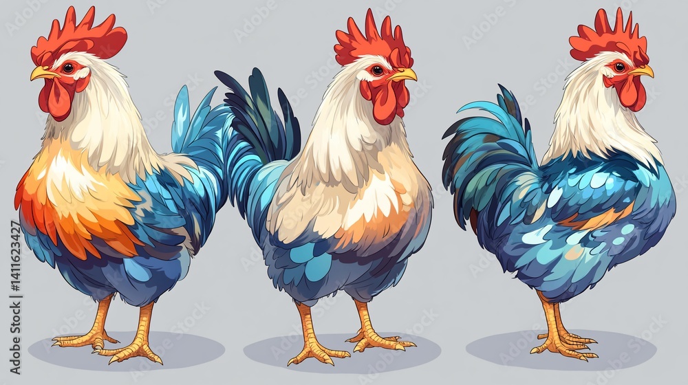 Fototapeta premium Colorful Roosters Farm Animal Illustration Design