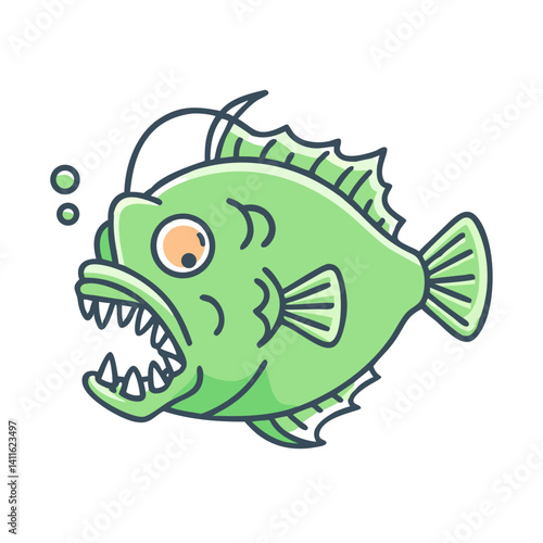 A Cartoon Illustration of a Green Anglerfish with Sharp Teeth and a Luminous Lure