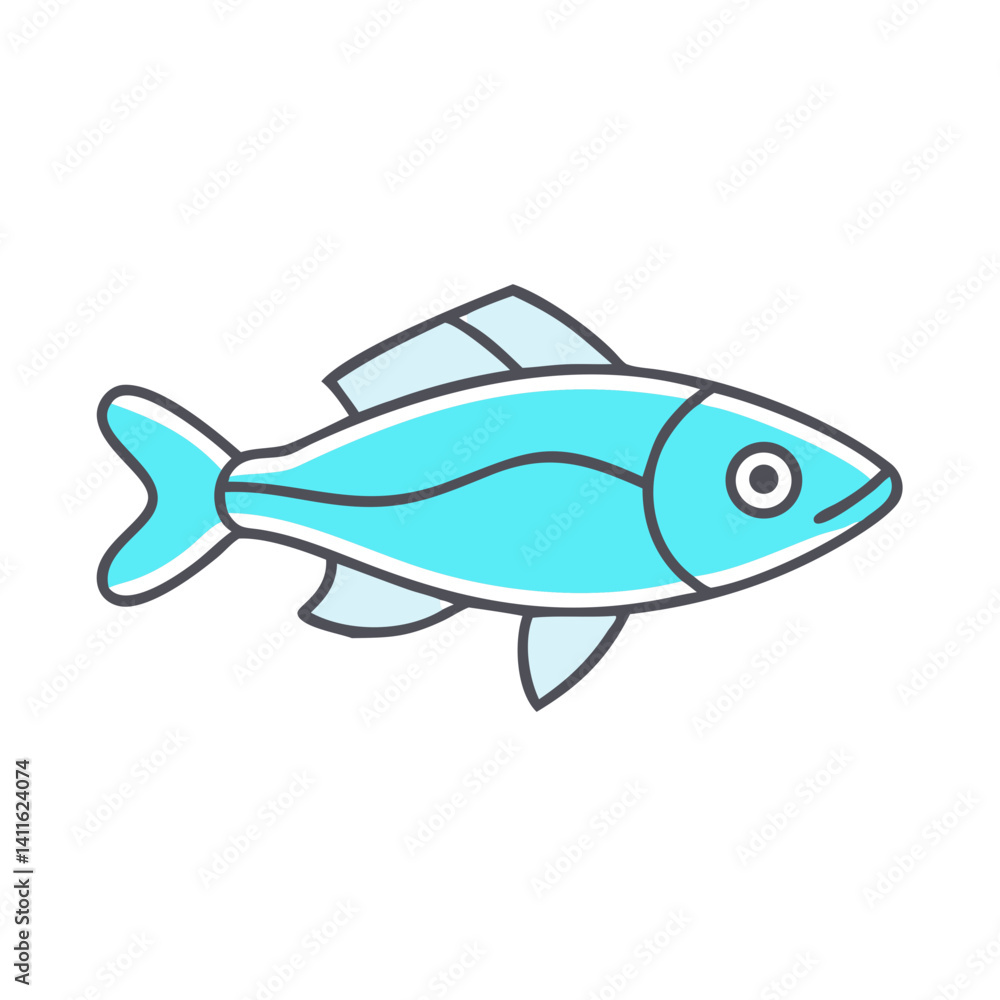 A Cute Cartoon Illustration of a Light Blue Fish with Darker Outlines A Cute Cartoon Illustration of a Light Blue Fish with Darker Outlines