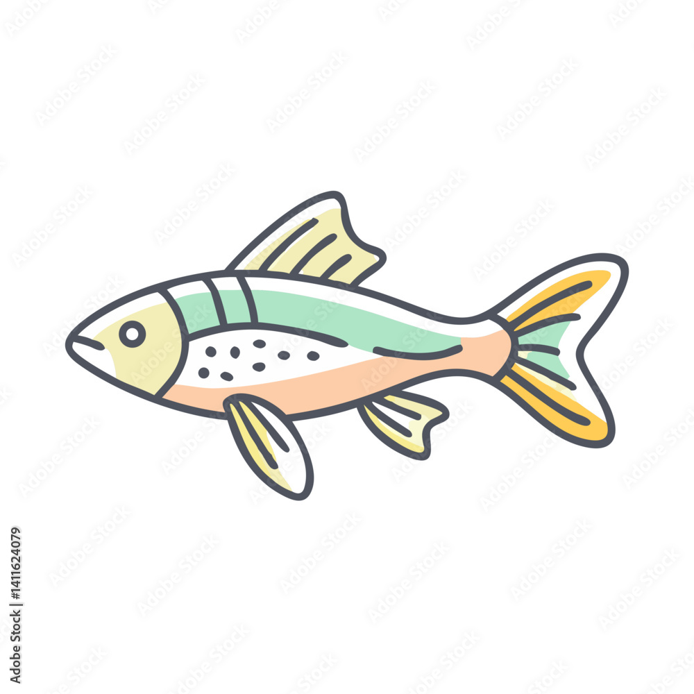 Fototapeta premium A Colorful Cartoon Illustration of a Small Pastel Fish with Yellow Fins and Spots