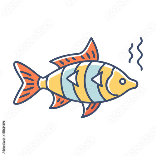 A vibrant cartoon fish with orange fins and yellow body swimming happily in the ocean