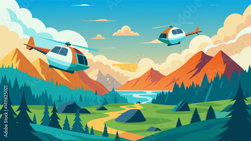 Drifting gracefully above a picturesque valley air taxis demonstrate how modern technology can coexist harmoniously with nature.. Vector illustration