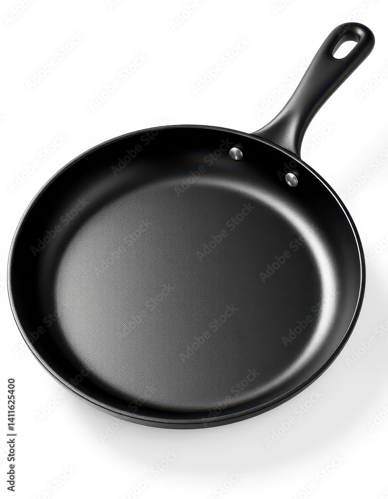 Sleek black non-stick frying pan with curved handle, isolated on white, curved handle pan, cookware, kitchen utensil Sleek black non-stick frying pan with curved handle, isolated on white, curved handle pan, cookware, kitchen utensil