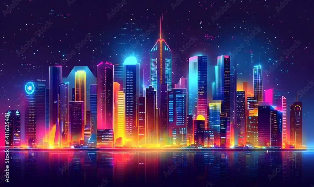 A vibrant neon cityscape glows brilliantly at night, its illuminated buildings reflected in the water below, creating a mesmerizing spectacle of modern urban life. A vibrant neon cityscape glows brilliantly at night, its illuminated buildings reflected in the water below, creating a mesmerizing spectacle of modern urban life.