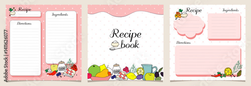 set of recipe blank  and cover pages, cards, square, pink dots background, template, copy space, food vector illustration