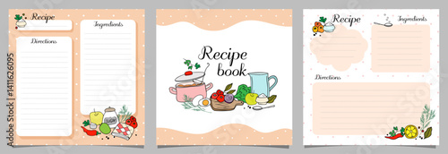recipe book square pages set , doodle hand drawn vegetables and fruits illustration, kitchen, template, vector