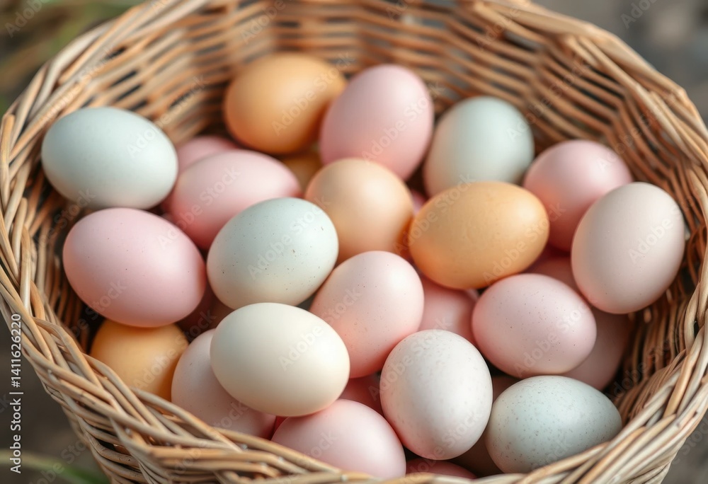 A wicker basket overflowing with pastel colored chicken eggs a delightful springtime scene A wicker basket overflowing with pastel colored chicken eggs a delightful springtime scene