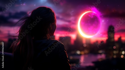 Cityscape Dream Woman Gazes at Cosmic Ring.