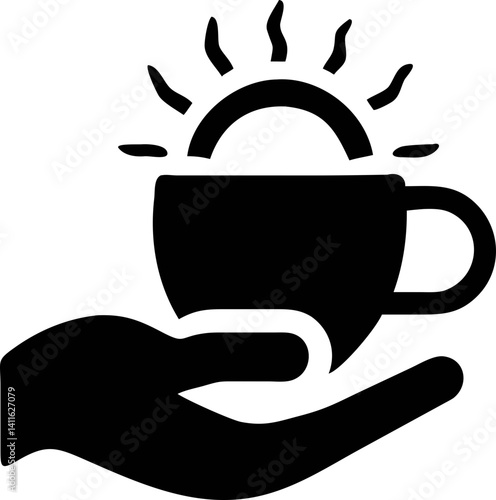 hand holding cup with sun rising from it symbolizes warmth and comfort, often associated with morning coffee or tea. simple design conveys sense of relaxation and energy