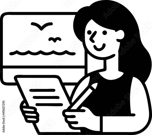 woman is happily holding document and pencil, standing in front of screen displaying scenic view of birds and waves. illustration conveys sense of creativity and productivity