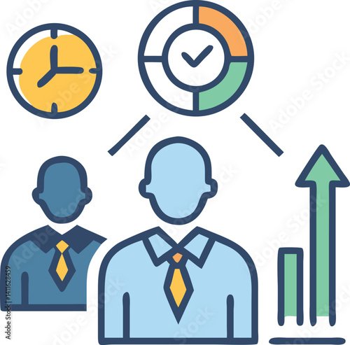 Two Businessmen Icons with Growth Chart, Time Clock and Pie Chart with Transparent Background