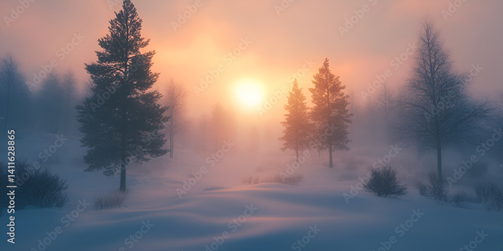 Serene Winter Forest at Sunrise with Snow-Covered Trees Serene Winter Forest at Sunrise with Snow-Covered Trees