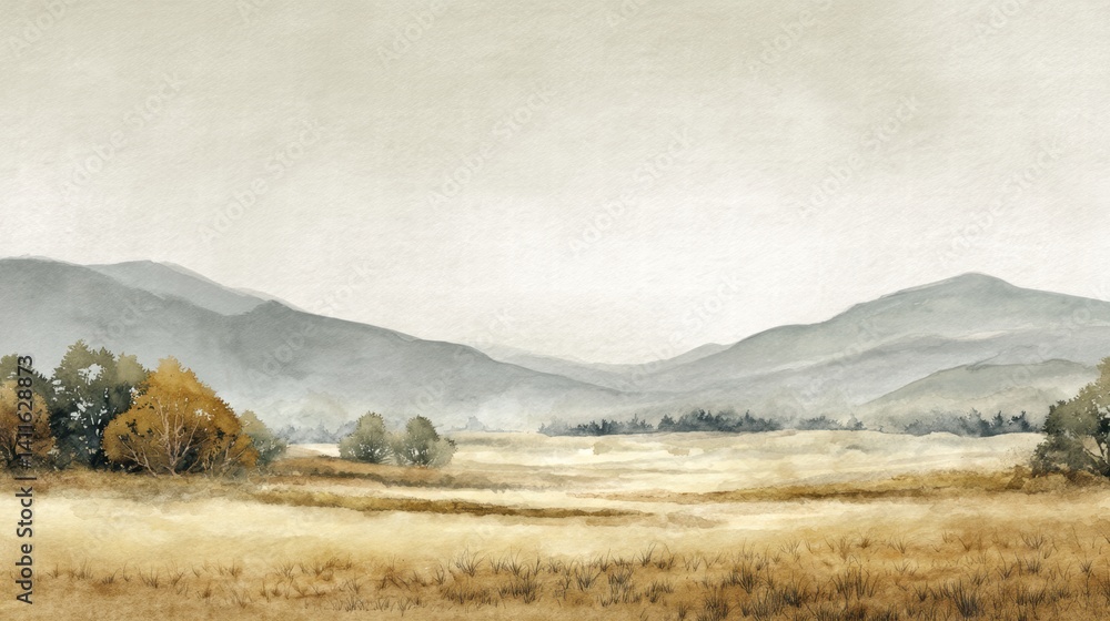 Fototapeta premium Watercolor of landscape forest misty mountains horizon and fog and hills,pine tree fir tree,Autumn forest background,drawn by hand,Autumn illustration design elements for landscape,wallpaper.
