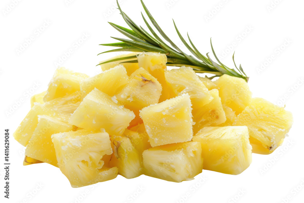 Freshly cut pineapple cubes garnished with a sprig of rosemary on a clean white background during bright daylight isolated on transparent background Freshly cut pineapple cubes garnished with a sprig of rosemary on a clean white background during bright daylight isolated on transparent background