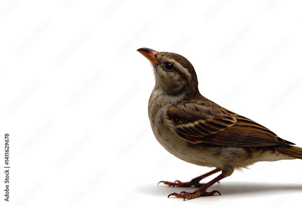 Fototapeta premium Small Brown Sparrow Standing on White Background Looking Upward