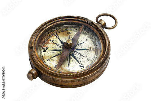 An antique brass compass resting on a white surface, showcasing intricate details and the passage of time in design and craftsmanship isolated on transparent background