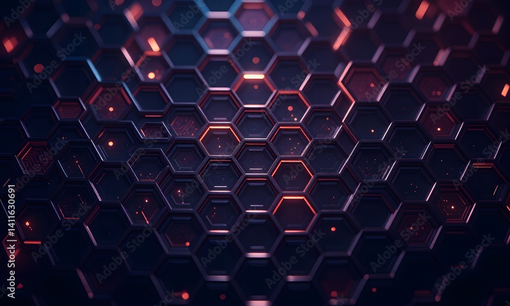 Fototapeta premium Honeycomb structure with glowing red and blue lights.