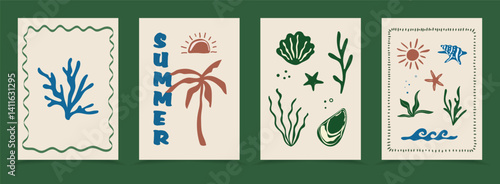Boho summer posters with marine icons. Flat summer beach background. Hand drawn palm tree, seashells, sun sea, wave, corals. Tropical retro groovy surf club. Doodle isolated vector illustration.