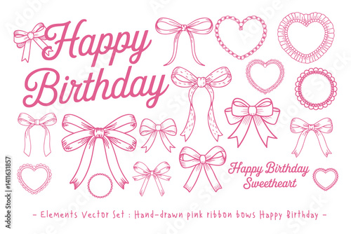 Hand-drawn pink ribbon bows, hearts, and frames with "Happy Birthday" text. Perfect for cute greeting cards, birthday invites, and celebration designs. Vintage sketch style vector.