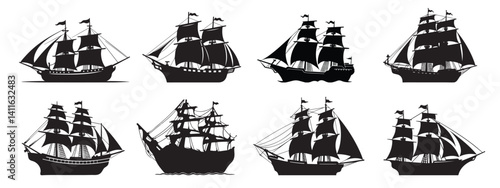 Silhouette of boats and ship vector icon set illustration isolated on white background.