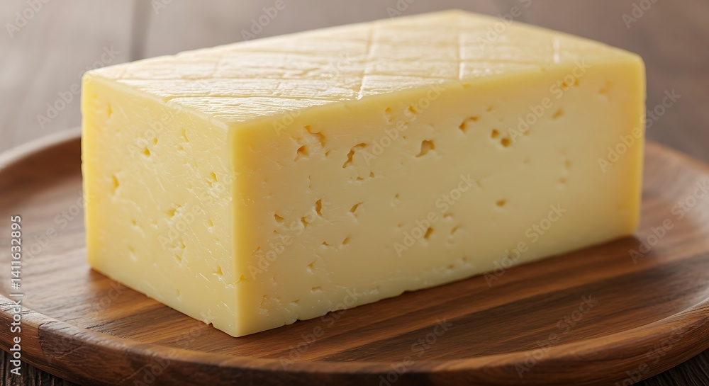 Creamy Pale Yellow Cheese Block: Rustic Wooden Presentation Creamy Pale Yellow Cheese Block: Rustic Wooden Presentation