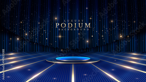 Golden empty podium on blue background with soft neon effect with bokeh decoration on curtain backdrop. Luxury stage design concept. Vector illustration.