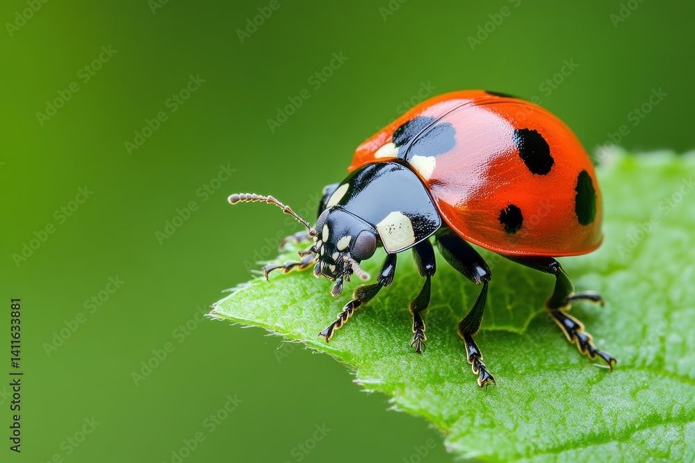 Fototapeta premium A ladybug rests on a vibrant green leaf, captured in stunning macro detail. Use it for nature blogs, garden guides, or insect conservation campaigns.