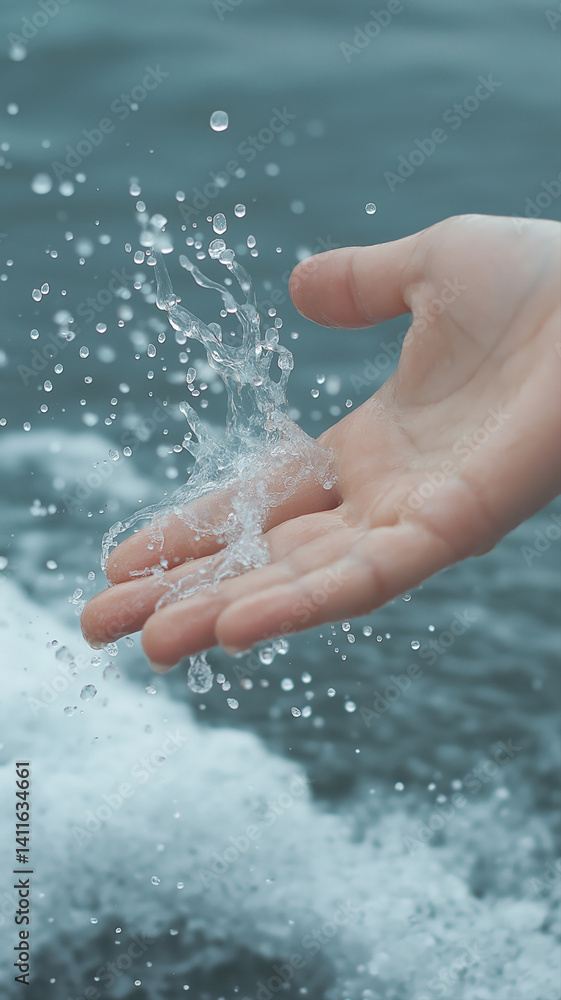 Fototapeta premium Hands splashing in shallow sea waves, sparkling water droplets frozen. 