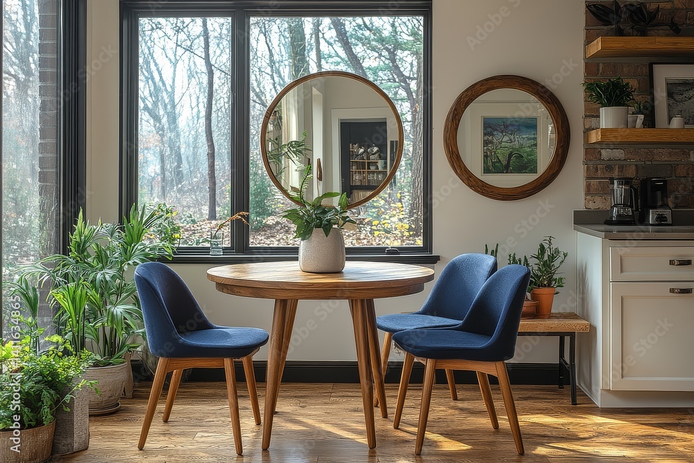 Fototapeta premium Elegant minimalist dining area in modern upscale home with round table, navy blue accents, and bright natural light. Modern design with wooden textures and wall mirror.
