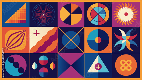 A series of photographs exploring the beauty and symmetry found in the numerical patterns of mathematical equations.. Vector illustration