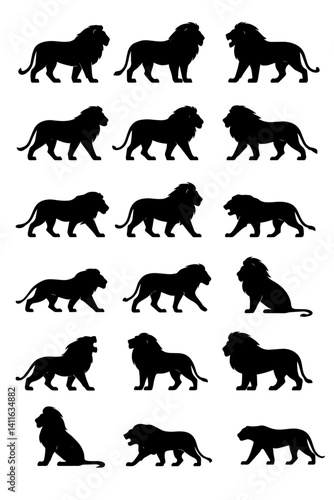 Shadow Lions: A stark, bold composition featuring numerous black lion silhouettes against a contrasting backdrop, emphasizing power, majesty, and regal grace. 