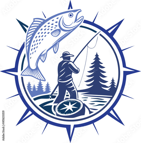Colorful Fishing Logo with Angler, Jumping Fish, and Compass – Outdoor Adventure Vector Design