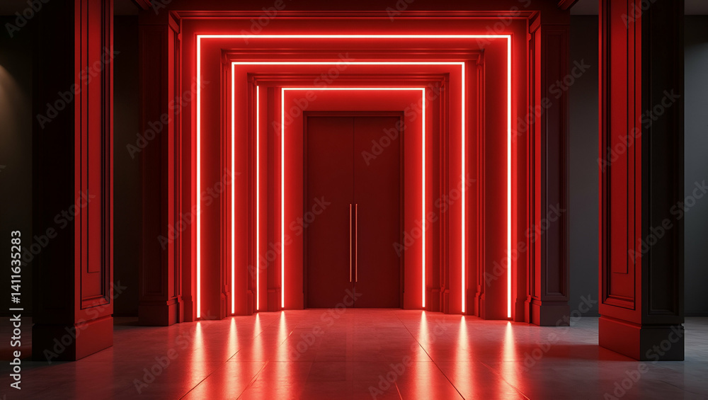 Fototapeta premium Sophisticated Prom Grand Entrance: Bold Architectural Lines, Dramatic Lighting, Curated Decor Elements - Unforgettable Event Visual Concept with Empty Space
