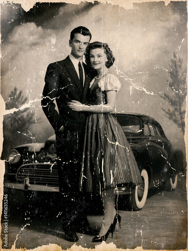 Vintage black and white photo of a 1940s couple posing in front of a classic car, retro fashion and romantic atmosphere, nostalgic cinematic scene with timeless elegance, damaged photo.