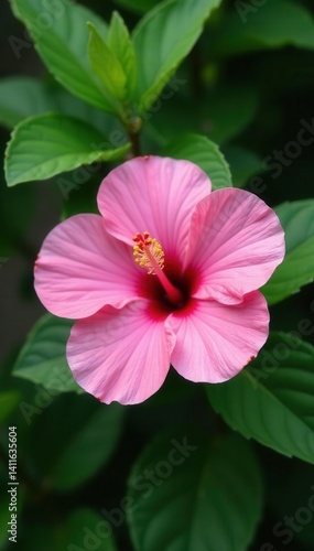 Delicate pink hibiscus, vibrant petals, lush green leaves, color, flowerpower