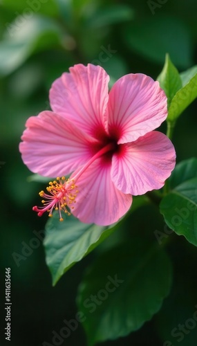 Delicate pink hibiscus, vibrant petals, lush green leaves, color, picture, beauty
