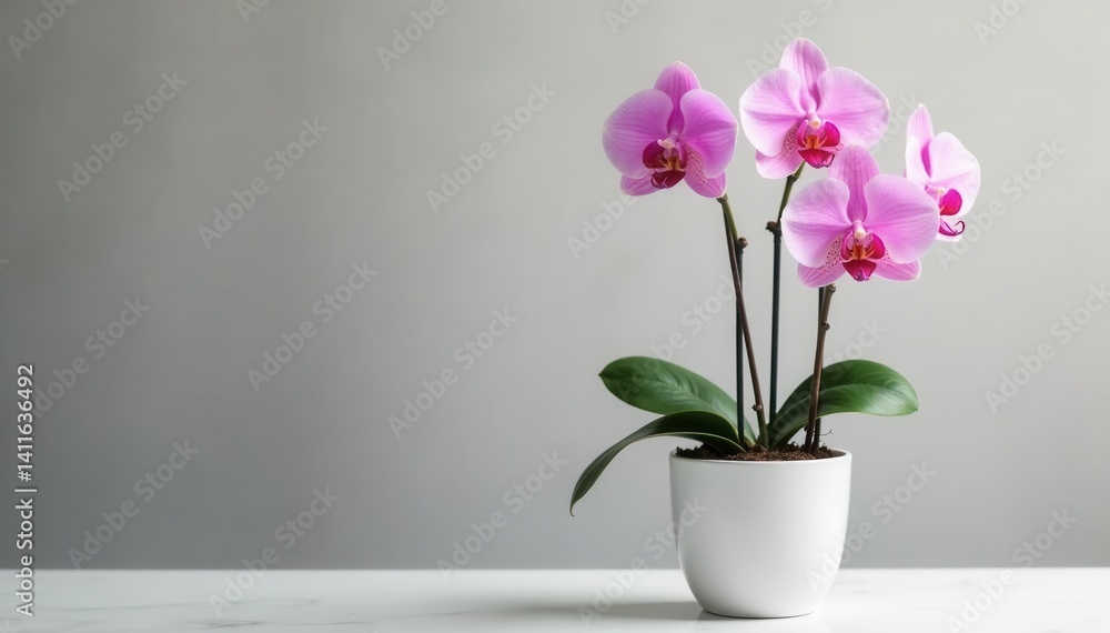 Delicate pink orchid blooms in pristine white pot, texture, white Delicate pink orchid blooms in pristine white pot, texture, white