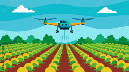 Precision agriculture at its best as a drone hovers over rows of crops systematically spraying fertilizers.. Vector illustration