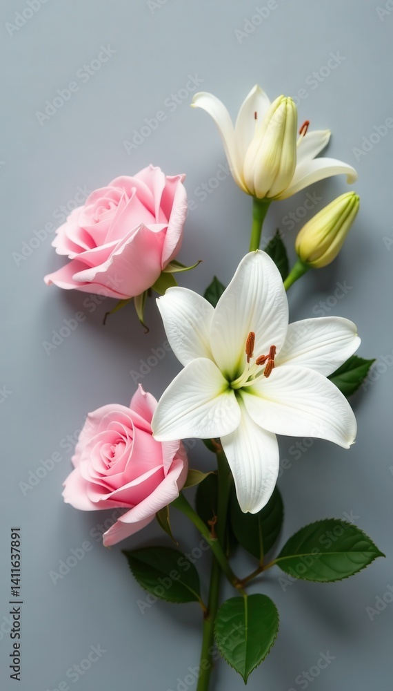 Obraz premium Delicate pink roses & white lilies, grey backdrop, blossom, elegant