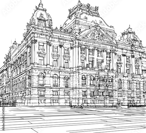 Baroque style City hall coloring book design, Baroque style City hall vector graphic