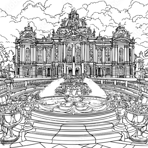 Baroque style Fountain house coloring book design, Baroque style Fountain house vector graphic