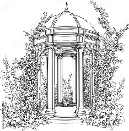 Baroque style Garden pavilion coloring book design, Baroque style Garden pavilion vector graphic