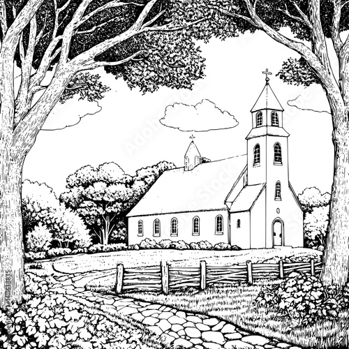 Cape Cod style Church coloring book design, Cape Cod style Church vector graphic
