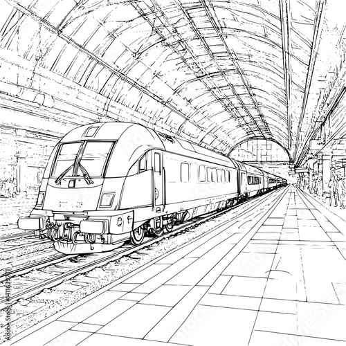 Contemporary style Train station coloring book design, Contemporary style Train station vector graphic