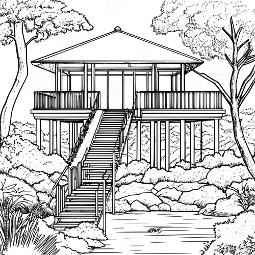 Contemporary style Visitor pavilion coloring book design, Contemporary style Visitor pavilion vector graphic
