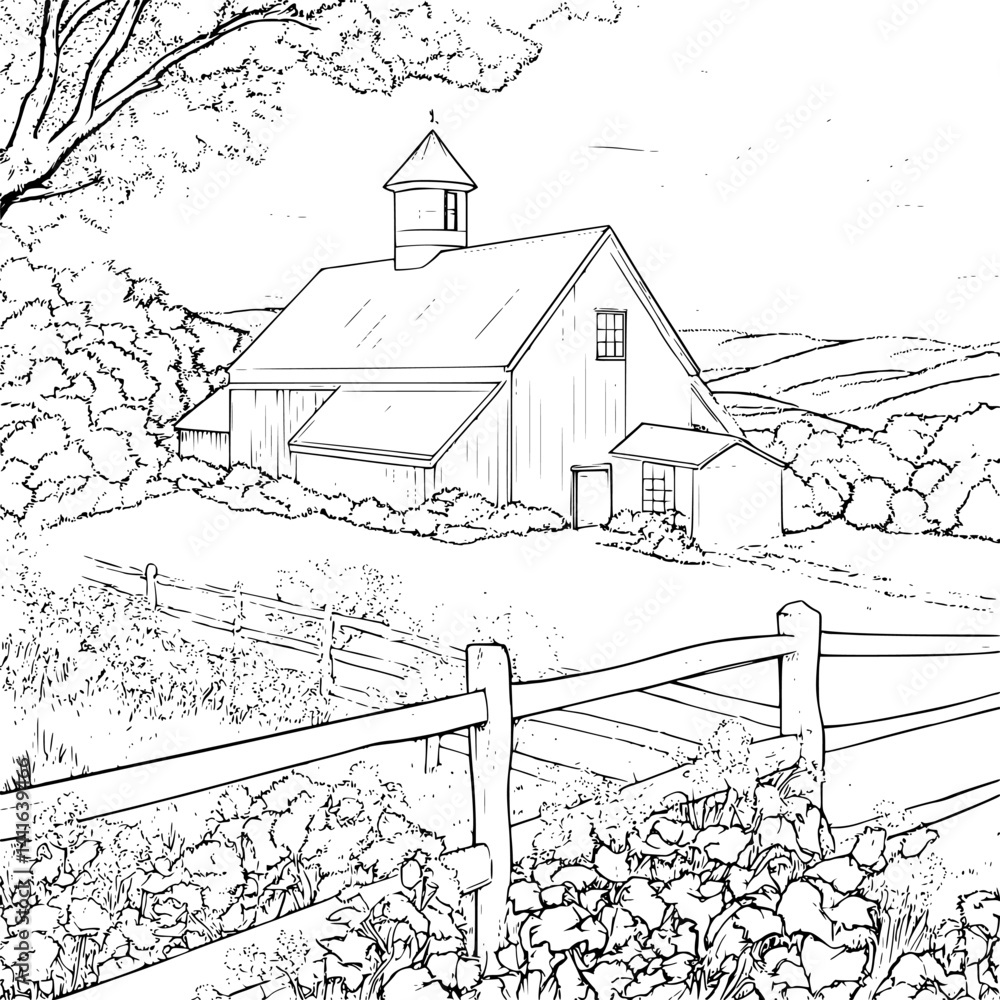 Fototapeta premium Farmhouse style Milk house coloring book design, Farmhouse style Milk house vector graphic