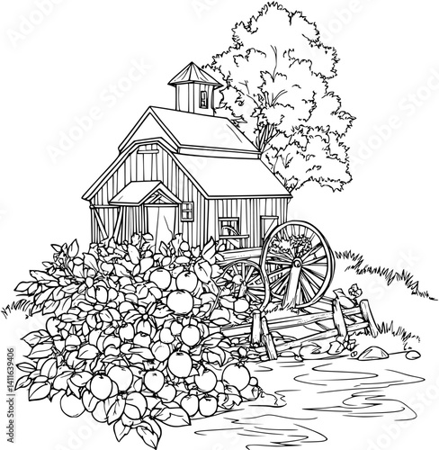 Farmhouse style Cider mill coloring book design, Farmhouse style Cider mill vector graphic
