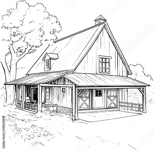 Farmhouse style Barn coloring book design, Farmhouse style Barn vector graphic