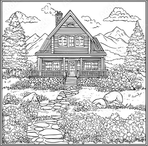 Farmhouse style Ice house coloring book design, Farmhouse style Ice house vector graphic