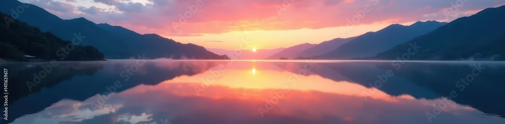 Fototapeta premium Serene Fuji sunrise mirrored in still lake waters, sunrise, Asia